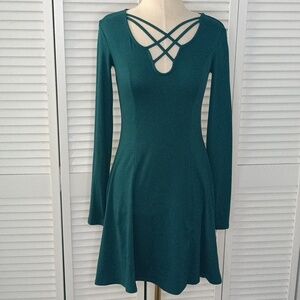 Strappy V Neck Long Sleeve Teal Green Blue Fit and Flare Dress